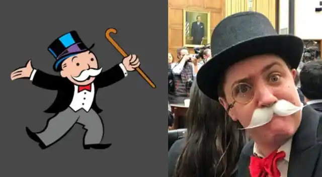 Rich Uncle Pennybags, mascot of the board game Monopoly (L) and Madrigal dressed as the Monopoly Man.