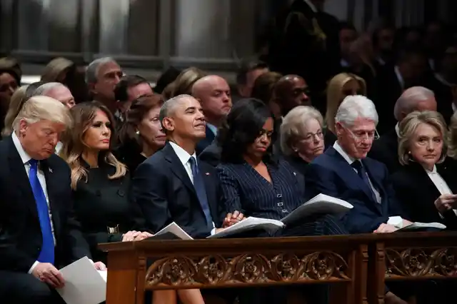 From left, President Donald Trump, first lady Melania Trump, former President Barack Obama, Michelle Obama, former President Bill Clinton and former Secretary of State Hillary Clinton.