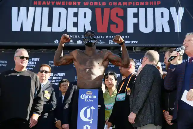 WBC heavyweight titleholder boxer Deontay Wilder wears a mask during his official weigh-in ceremony Friday, Nov. 30, 2018, at Staples Center in Los Angeles, ahead of his bout against boxer Tyson Fury.