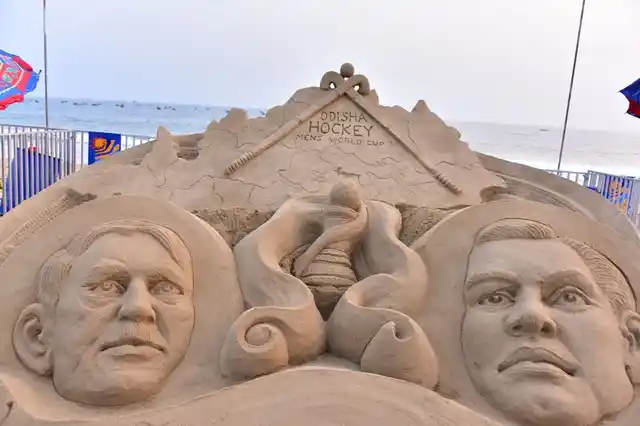 A sand sculpture for the men’s hockey world cup, going on in Bhubaneswar.
