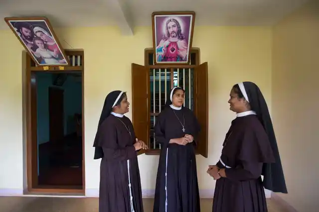 In this Sunday, 4 November, 2018, photo, Sister Josephine Villoonnickal, left, sister Alphy Pallasseril, center, and Sister Anupama Kelamangalathu, who have supported the accusation of rape against Bishop Franco Mulakkal talk at St. Francis Mission Home, in Kuravilangad.