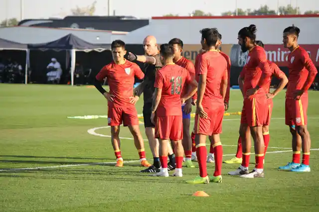 The Indian football team at a practice session.