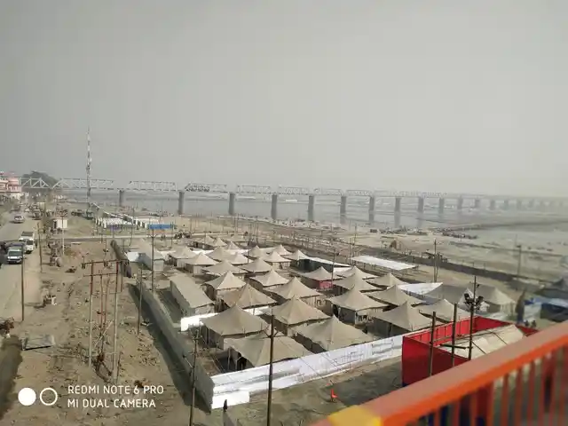 Tents under construction for the mela in Prayagraj. 