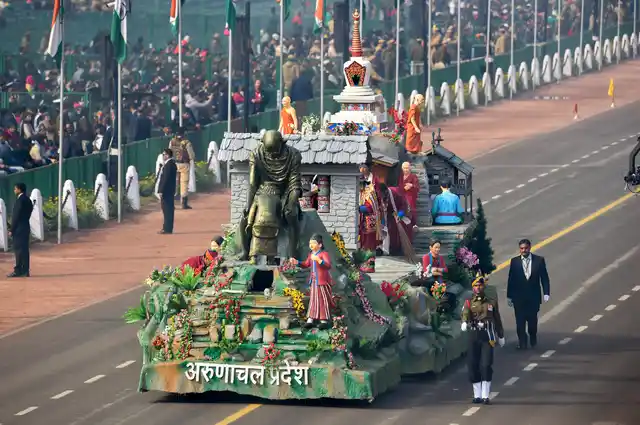 The Arunachal Pradesh tableau on display at Rajpath during the full dress rehearsal for the 70th Republic Day Parade, in New Delhi.