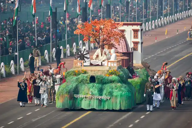 The Jammu and Kashmir tableau on display at Rajpath during the full dress rehearsal for the 70th Republic Day Parade, in New Delhi.