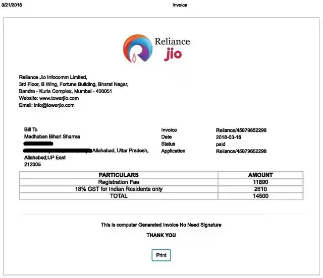 A fake Jio invoice of the payment made by Madhuban Bihari Sharma, one of the victims.