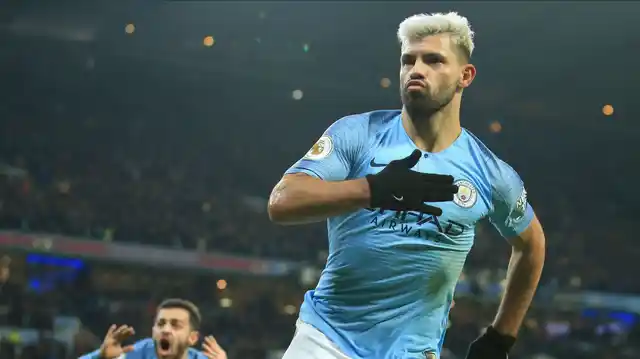 Manchester City’s Sergio Aguero celebrates after scoring the opening goal of the game during their Premier League clash against Liverpool.
