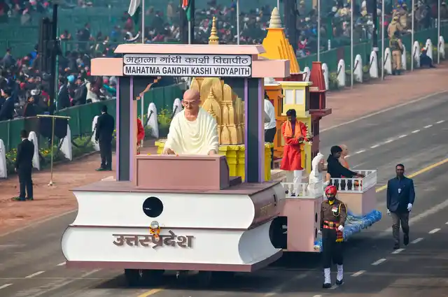 The Uttar Pradesh tableau on display at Rajpath during the full dress rehearsal for the 70th Republic Day Parade, in New Delhi.