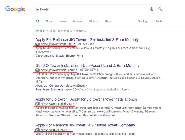 A Google search “Jio tower” returns a litany of fraudulent websites, the first four of which are ads. 