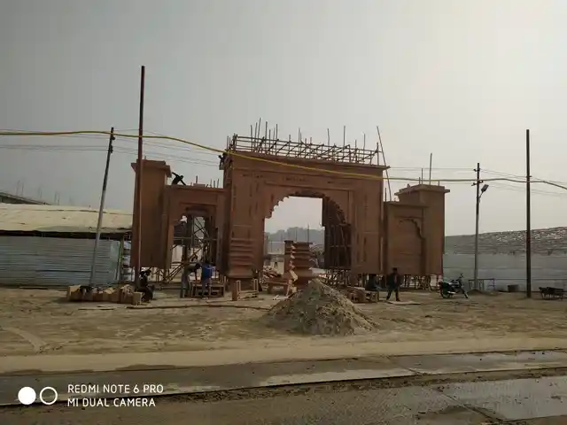 An entry gate under construction at the mela grounds.