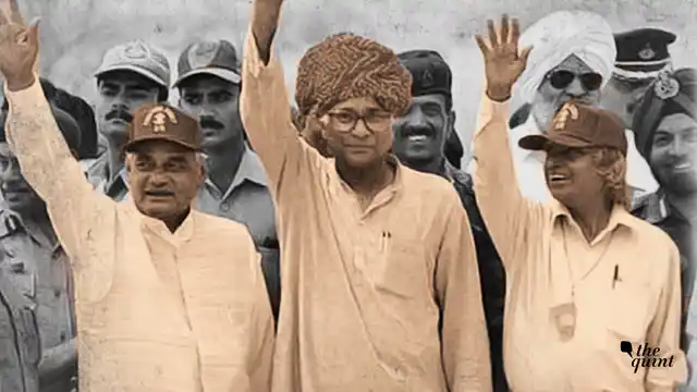 George Fernandes (centre) with Atal Bihari Vajpayee (left) and APJ Abdul Kalam (right). 