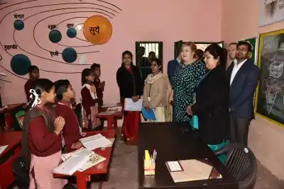 Ghaziabad: Norwegian Prime Minister Erna Solberg during her visit to a primary school in Nithora, Ghaziabad on Jan 7, 2019. (Photo: IANS/MEA)