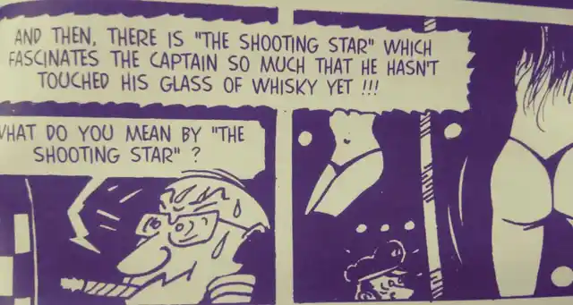 This panel ‘Shooting Star’ eludes to the infamous ‘ping pong ball game’ in Bangkok’s red-light streets. You can Google what it is.