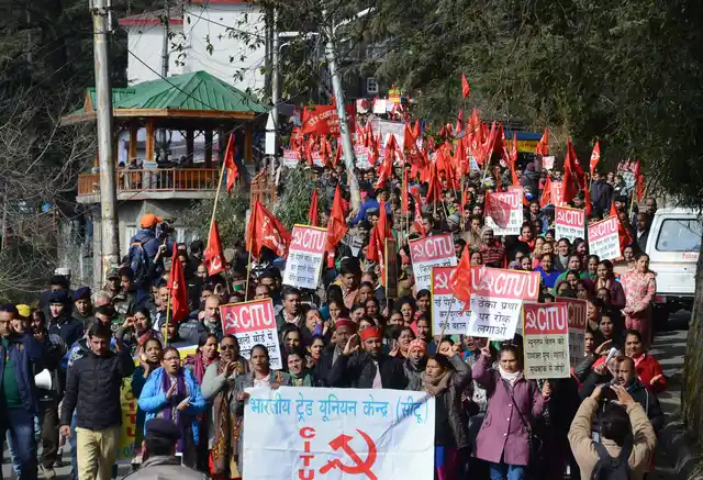 Activists under the banner of Centre of Indian Trade Unions (CITU) raise slogans during the 48-hour long nationwide general strike called by Central trade unions protesting against the “anti-people” policies of the Centre in Shimla.