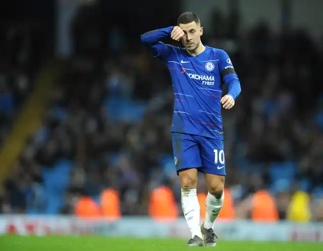 Chelsea’s Eden Hazard reacts during the English Premier League soccer match between Manchester City and Chelsea.