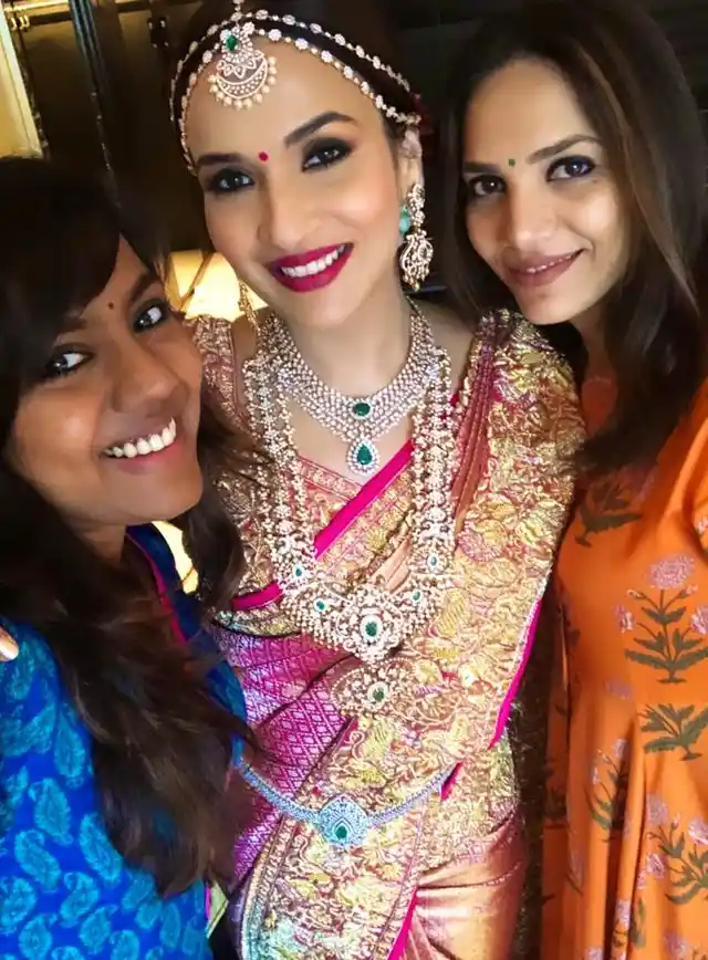 Soundarya Rajinikanth with make-up artist Prakruthi Ananth and hair stylist Kiara.
