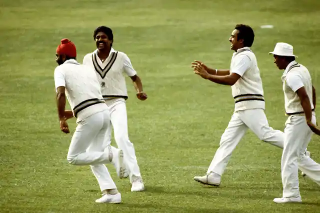 (L-R) Balwinder Singh Sandhu, Kapil Dev, Yashpal Sharma and Sunil Gavaskar celebrate the fall of a wicket during India’s victorious 1983 World Cup campaign.