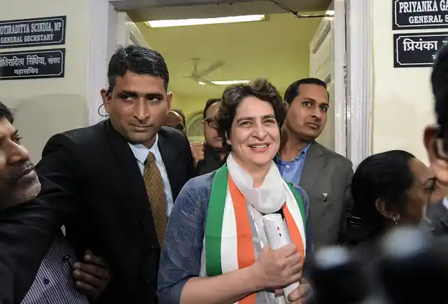 Congress General Secretary Priyanka Gandhi Vadra leaves after visiting her office for the first time following her appointment to the party post, at AICC headquarters in New Delhi on 6 February.