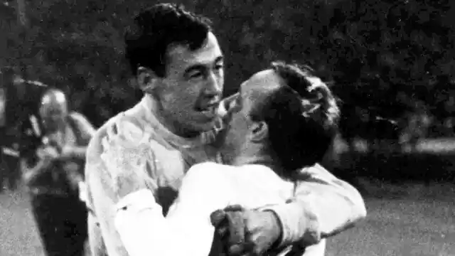 In this July 26, 1966 file photo England’s goalkeeper Gordon Banks (left) hugs midfielder Nobby Stiles after the World Cup semi-final played at Wembley, London.