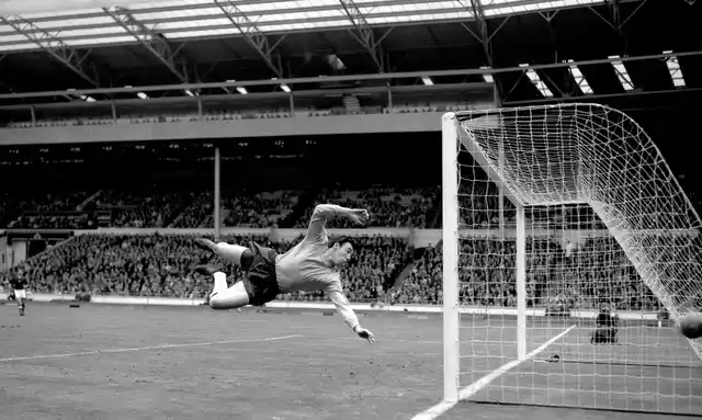 File photo from 5/5/1965. Gordon Banks is seen jumping to make a save in the match with Hungary at Wembley.