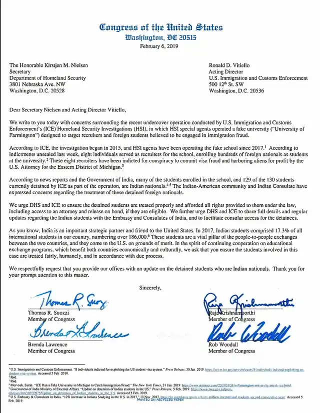 “We urge DHS and ICE to ensure the detained students are treated properly,” members of US Congress write to the Department of Homeland Security.