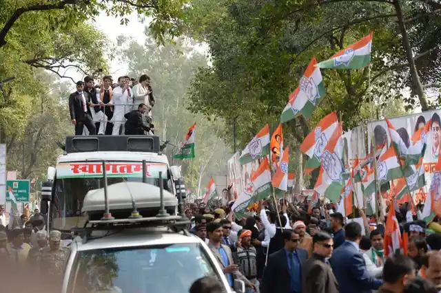 Congress’ Priyanka, Rahul Gandhi during the mega road show in Lucknow on Monday, 11 February.