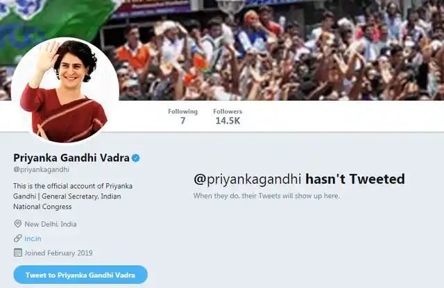 Screenshot of Priyanka Gandhi Vadra’s Twitter profile.