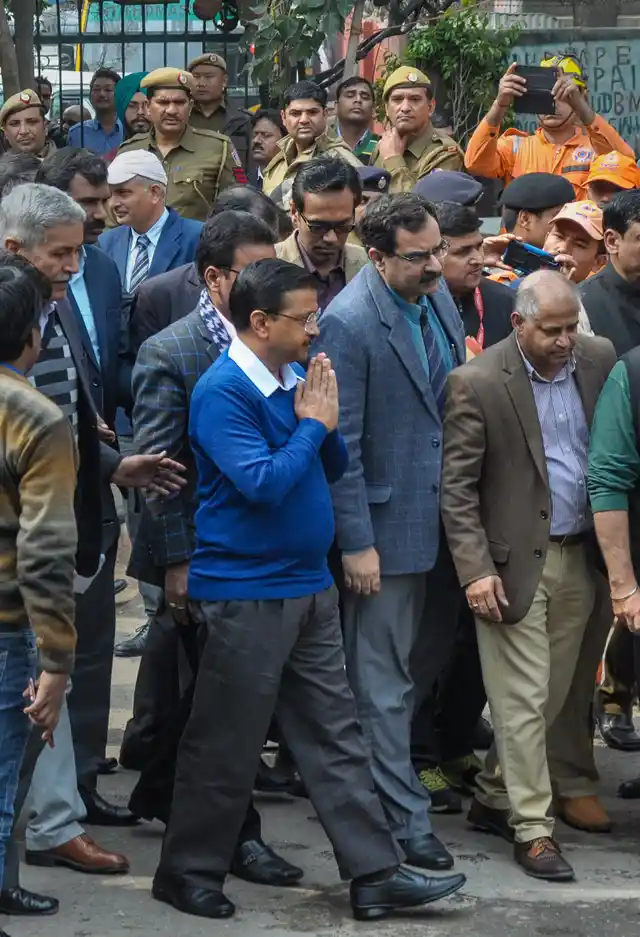Delhi Chief Minister Arvind Kejriwal arrives to visit Karol Bagh’s Hotel Arpit Palace where a massive fire broke out in New Delhi.