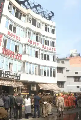 New Delhi: Hotel Arpit Palace in Karol Bagh where a major fire broke out killing seventeen people, including a child and injuring three others in New Delhi on Feb 12, 2019. (Photo: IANS)