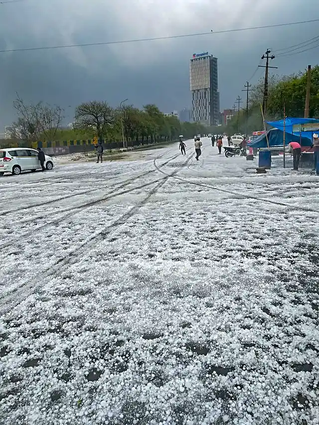 A view of a street after hailstorm struck various parts of Noida on 7 February.