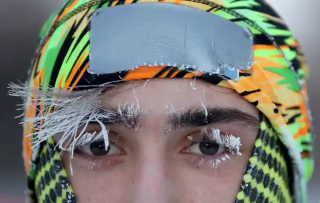 Frost covers part of the face of University of Minnesota student Daniel Dylla during a morning jog along Mississippi River Parkway Tuesday, 29 January 2019, in Minneapolis. Extreme cold and record-breaking temperatures are crawling into parts of the Midwest after a powerful snowstorm pounded the region.