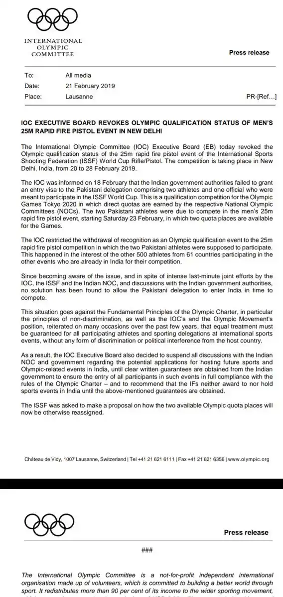 The International Olympic Committee’s statement suspending India from hosting any Olympic-related events.