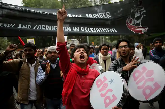 Students from various student organisations participate in a protest rally in New Delhi on 7 February. The march called the ‘Young India Adhikaar March,’ or Young India Rights March, was held to demand that the government address the problem of unemployment. 