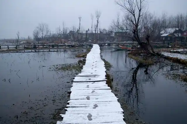 Footprints are seen on a snow-covered bridge leading to the floating vegetable market on the Dal Lake after fresh snowfall in Srinagar, Jammu and Kashmir, 31 January 2019. With the main highway, which connects Kashmir to rest of India, closing frequently in the harsh winter due to snowfall, many in Srinagar depend on vegetables from these floating gardens. 