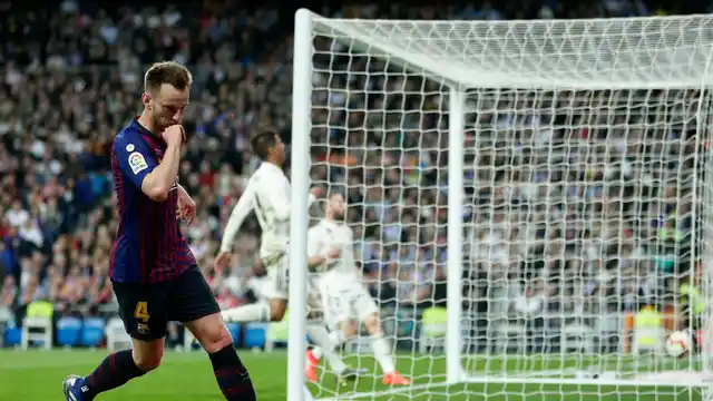 Barcelona midfielder Ivan Rakitic after scoring the only goal in the La Liga match between Real Madrid and FC Barcelona at the Bernabeu stadium in Madrid on Saturday, March 2.