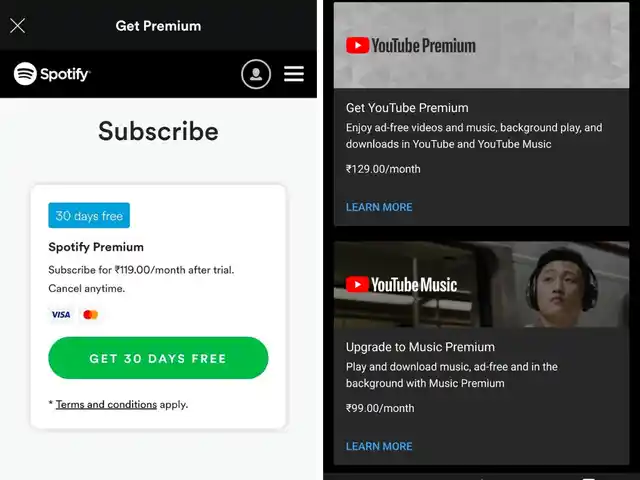 Prices of Spotify and YouTube Music in India.