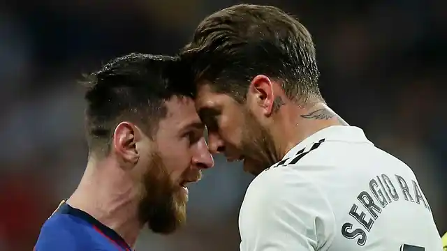 Barcelona forward Lionel Messi (left) goes head to head with Real Madrid defender Sergio Ramos after they argue during their La Liga match at the Bernabeu stadium in Madrid on Saturday, March 2.