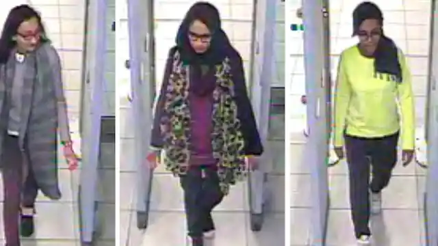 British born-teen Shamima Begum (centre) while she was fleeing the UK in 2015.