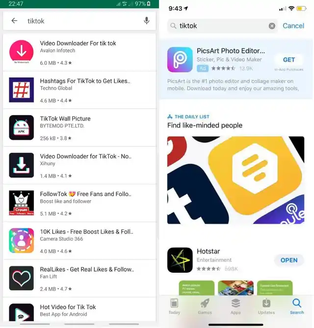TikTok removed from Google Play Store (left) and removed from Apple App Store (right).