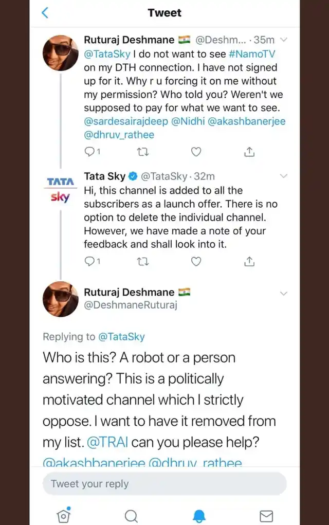 Screenshot of Tata Sky response to removing NaMo TV.