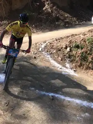 Shimla: Cyclist in action as he takes part in 8th edition of Hero MTB Himalaya Shimla 2019, in Shimla, on April 21, 2019. (Photo: IANS)