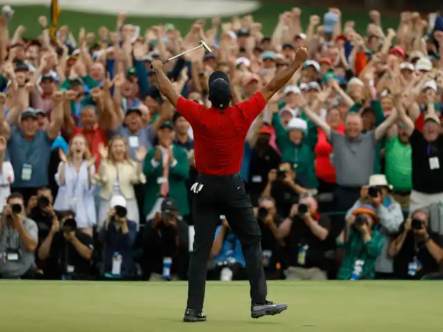 Tiger Woods reacts as he wins the Masters golf tournament Sunday, April 14, 2019, in Augusta, Ga.