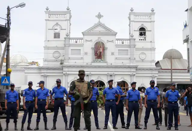 Sri Lankan Army soldiers secure the area around St. Anthony’s Shrine after a blast in Colombo.