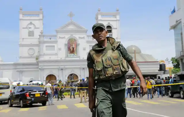 Sri Lankan Army soldiers secure the area around St Anthony’s Shrine after a blast in Colombo.