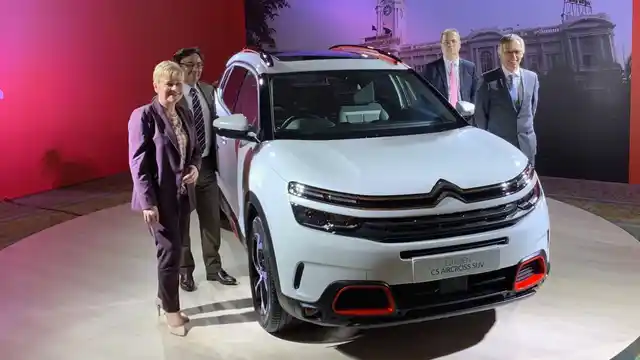 Citroen CEO Linda Jackson (left), with the Citroen C5 Aircross at the unveiling in Chennai.