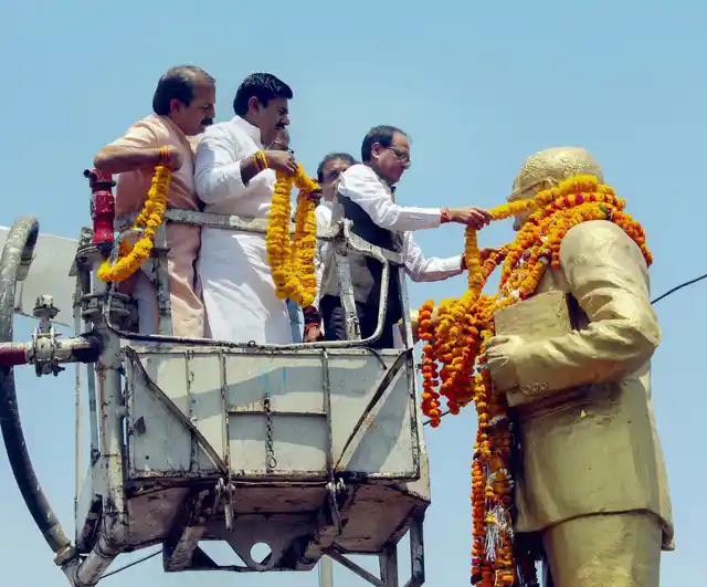 BJP National Vice President and former Chief Minister of Madhya Pradesh Shivraj Singh Chouhan pays tributes at the statue of BR Ambedkar.