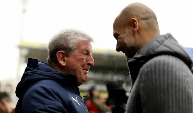 Crystal Palace manager Roy Hodgson (left) and Manchester City manager Pep Guardiola (right) before kick-off during the Premier League match at Selhurst Park, London. 