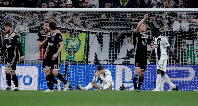 Juventus’ Cristiano Ronaldo, center, reacts during the Champions League, quarterfinal, second leg soccer match between Juventus and Ajax, at the Allianz stadium in Turin, Italy, Tuesday, April 16, 2019.