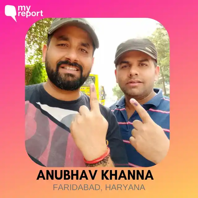 Anubhav Khanna and his friend click a selfie after casting their vote from Faridabad.