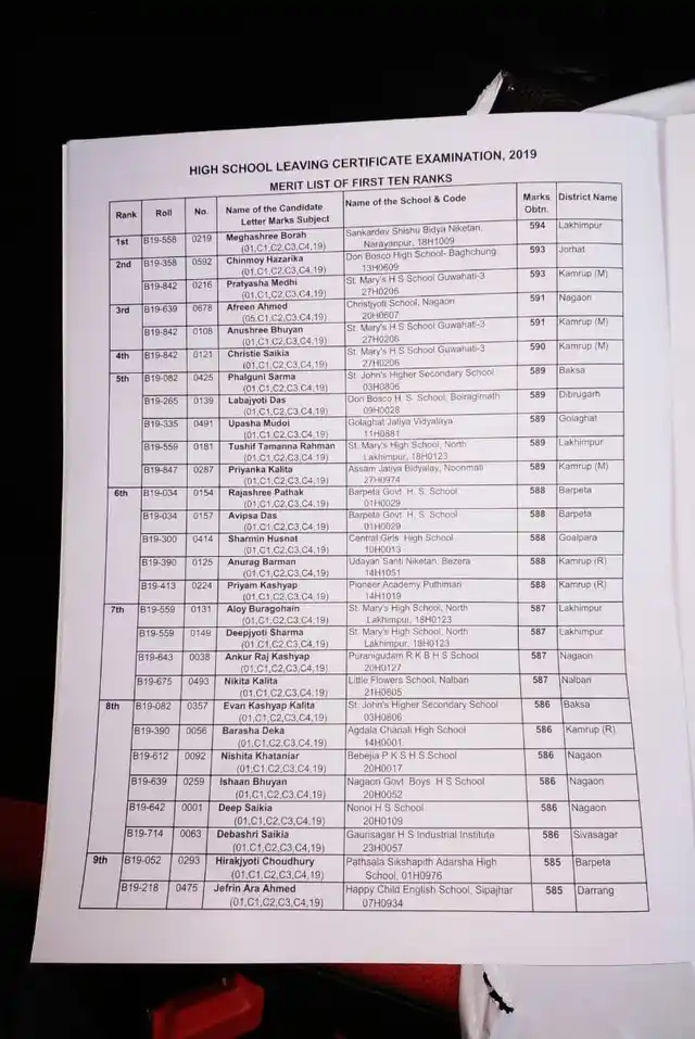 An image of HSLC 2019 top 10 toppers’ list.